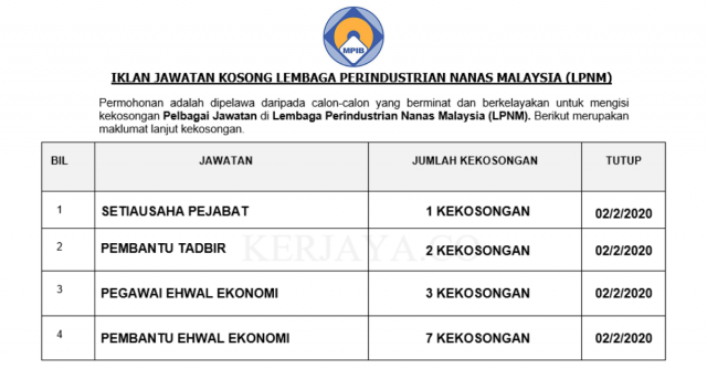 Lembaga Perindustrian Nanas Malaysia (LPNM) ~ Pembantu Tadbir, Setiausaha Pejabat, Pembantu Ehwal Ekonomi & Pelbagai Jawatan