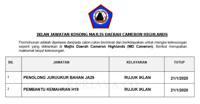 Majlis Daerah Cameron Highlands ~ Pembantu Kemahiran & Penolong Juruukur Bahan