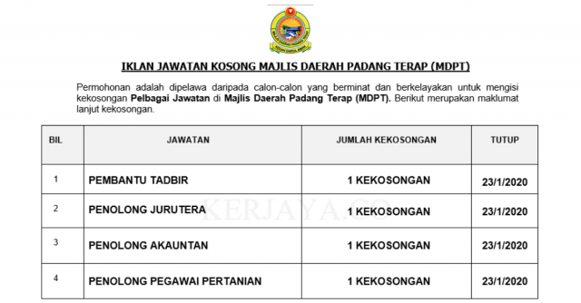 Majlis Daerah Padang Terap (MDPT) ~ Kekosongan Jawatan Pentadbiran & Pengurusan
