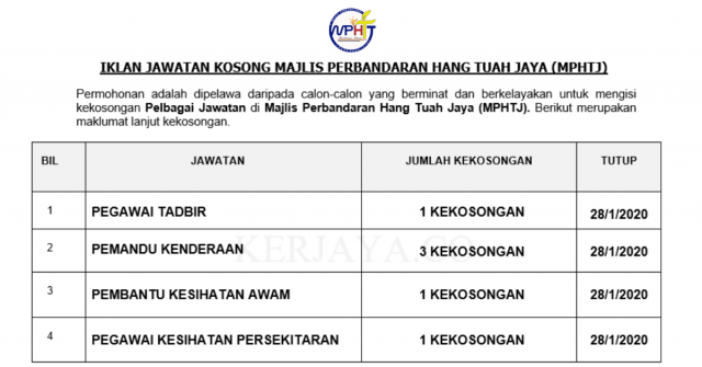 Majlis Perbandaran Hang Tuah Jaya (MPHTJ) ~ Pegawai Tadbir, Pembantu Kesihatan Awam & Pelbagai Jawatan