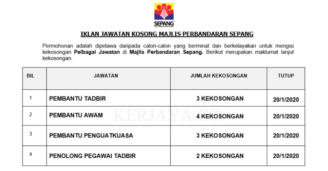 Majlis Perbandaran Sepang ~ Pembantu Tadbir, Pembantu Awam, Pembantu Penguatkuasa & Pelbagai Jawatan