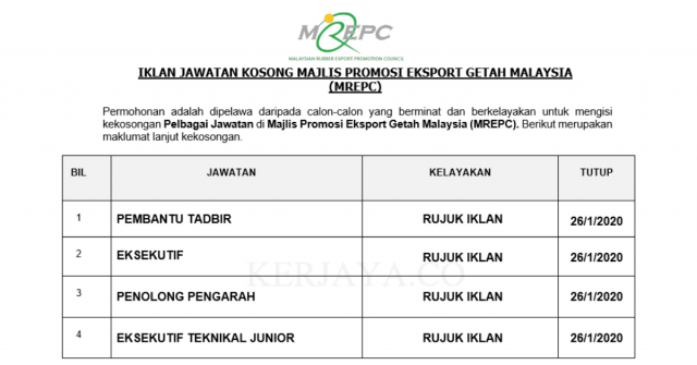 Majlis Promosi Eksport Getah Malaysia (MREPC) ~ Kekosongan Jawatan Pentadbiran & Pengurusan