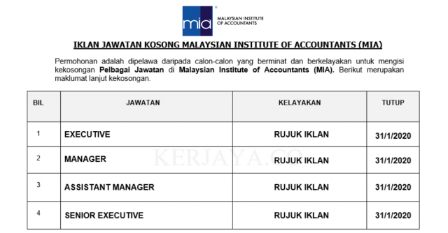 Malaysian Institute of Accountants (MIA) ~ Pelbagai Kekosongan Baru 2020