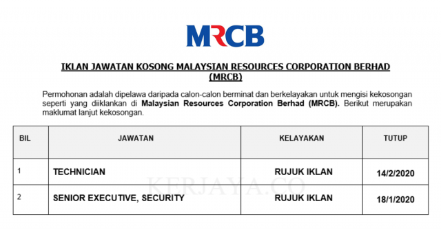 Malaysian Resources Corporation Berhad (MRCB) ~ Pelbagai Jawatan Baru 2020
