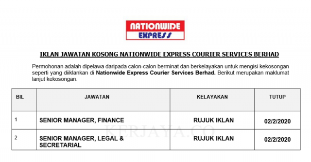 Nationwide Express Courier Services Berhad ~ Pelbagai Jawatan
