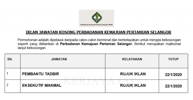 Perbadanan Kemajuan Pertanian Selangor ~ Pembantu Tadbir & Eksekutif Makmal