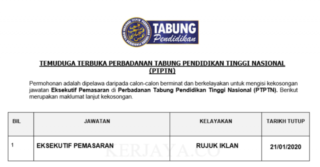 Temuduga Terbuka Eksekutif Pemasaran PTPTN