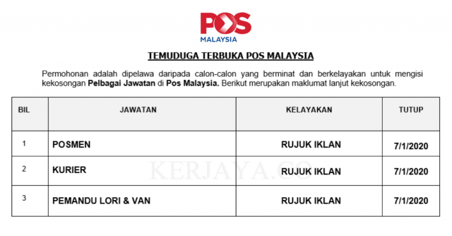Temuduga Terbuka Pos Malaysia ~ Posmen/ Kurier / Pemandu Lori & Van