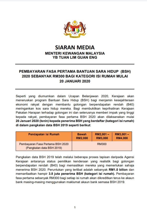 Tarikh Pembayaran BSH Fasa Pertama Bantuan Sara Hidup 2020 