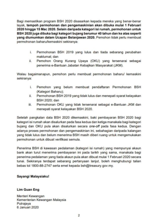 Tarikh Pembayaran BSH Fasa Pertama Bantuan Sara Hidup 2020 