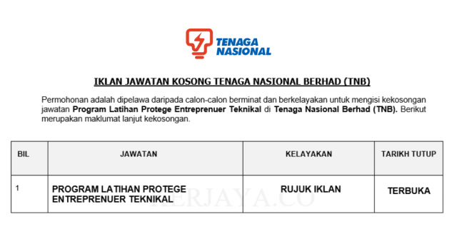 Tenaga Nasional Berhad (TNB) ~ Program Latihan Protege Entreprenuer Teknikal