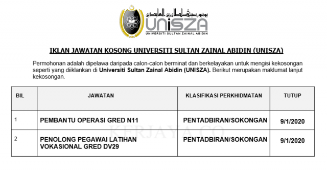 Universiti Sultan Zainal Abidin (UNISZA) ~ Kekosongan Jawatan Pentadbiran & Pengurusan