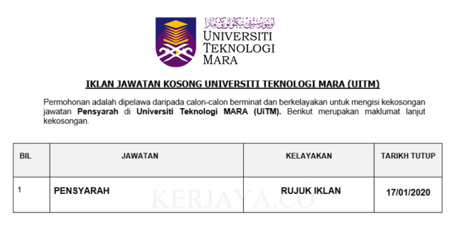 Universiti Teknologi MARA (UiTM) ~ Kekosongan Januari 2020