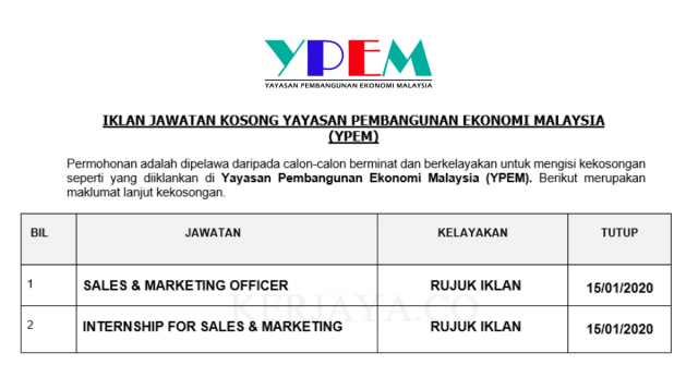 Yayasan Pembangunan Ekonomi Malaysia (YPEM) ~ Sales & Marketing Officer & Internship For Sales & Marketing
