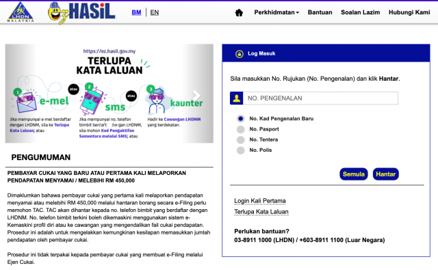 Login ezHASiL Cara Buat e-Filing Cukai Pendapatan