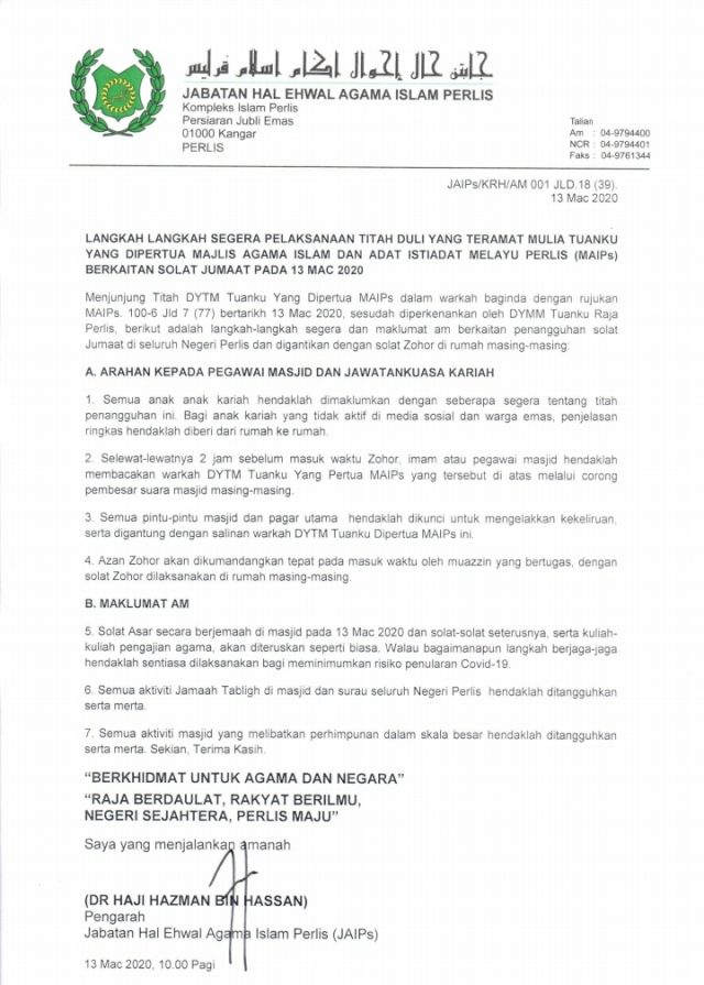 Perlis Batal Solat Jumaat