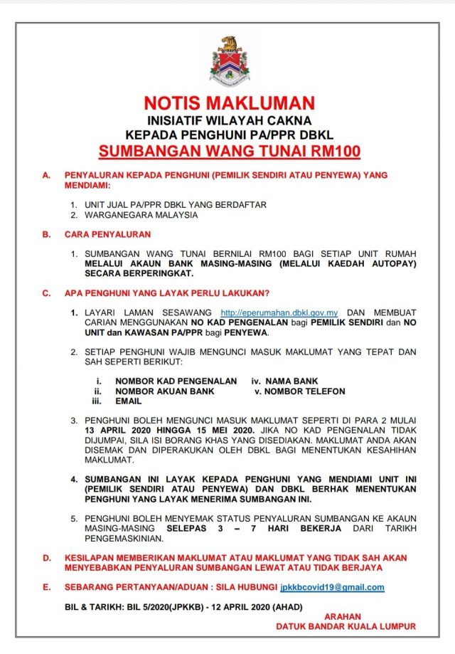 Wang Tunai RM100 Penghuni PA, PPR 