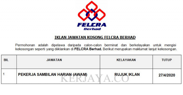 FELCRA Berhad ~ Pekerja Sambilan Harian (Awam)