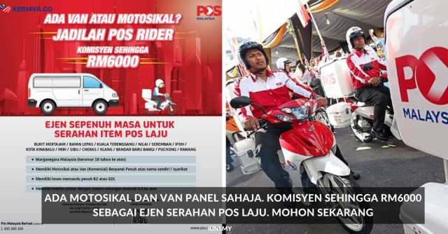 Permohonan Ejen Sepenuh Masa Serahan Item Pos Laju Di Buka. Komisyen Sehingga RM6000