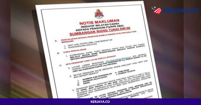 Permohonan Wang Tunai RM100 Penghuni Perumahan Awam dan Program Perumahan Rakyat Di Buka Bermula Hari Ini