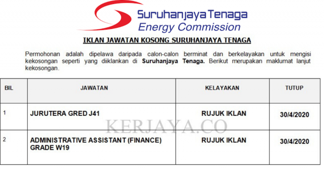 Pelbagai Jawatan Di Suruhanjaya Tenaga