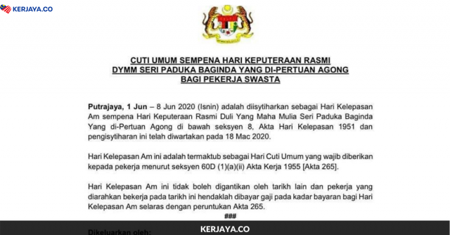 8 Jun Cuti Umum Sempena Hari Keputeraan Rasmi Yang di-Pertuan Agong
