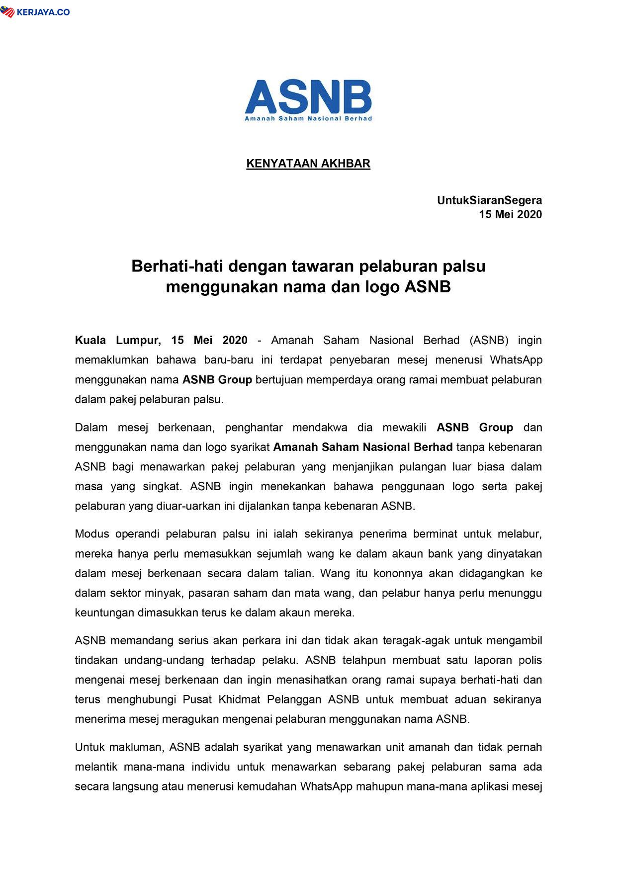Scammer Guna Whatsapp Dan Pakai Nama ASNB Tawarkan Pelaburan Palsu