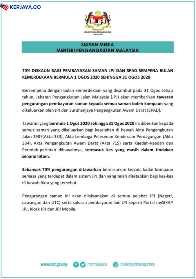 Dapatkan Diskaun 70% Pembayaran Saman JPJ & SPAD Sempena Bulan Kemerdekaan Sekarang