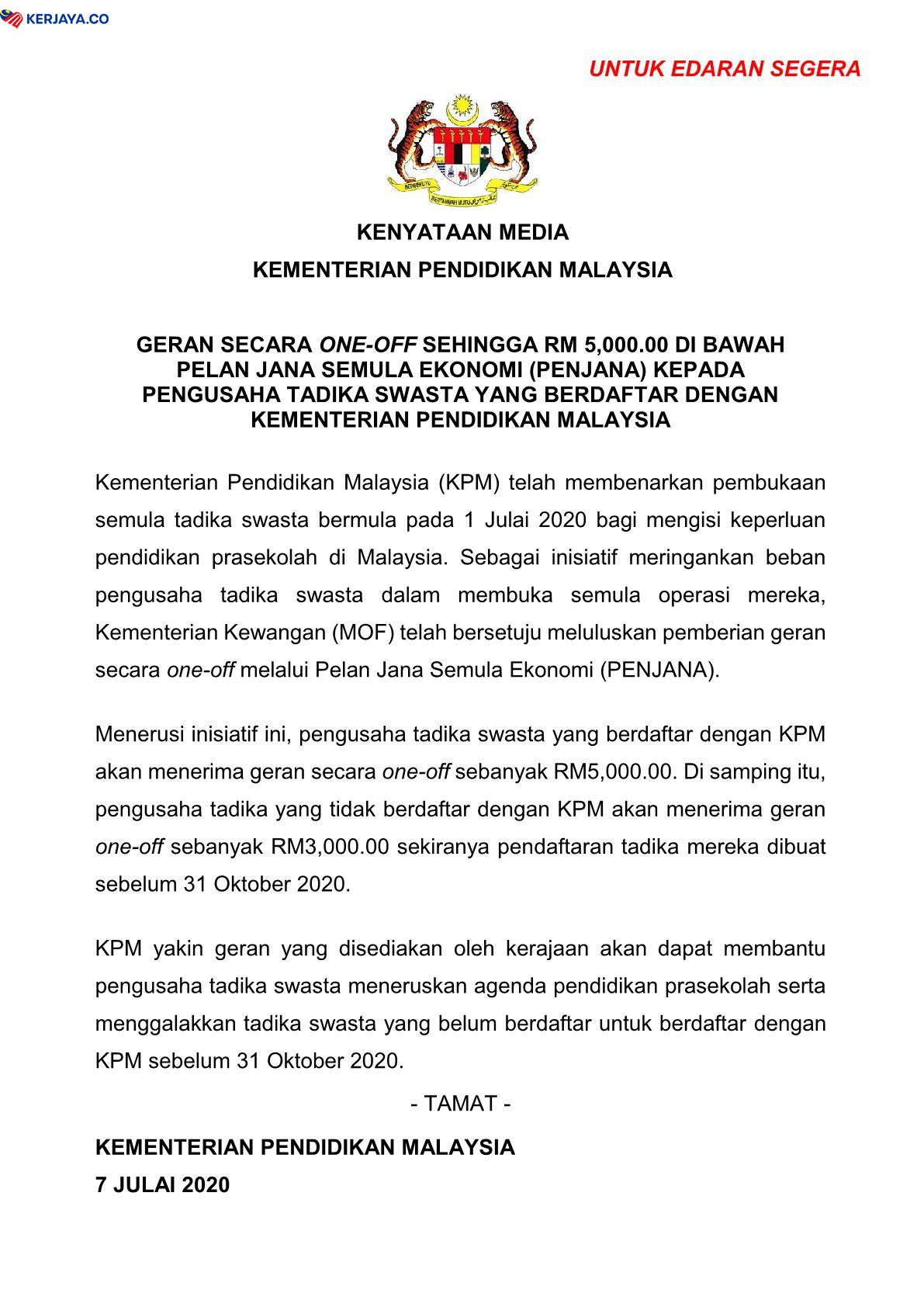 RM5,000 Geran PENJANA Pengusaha Tadika Swasta Yang Berdaftar Dengan KPM