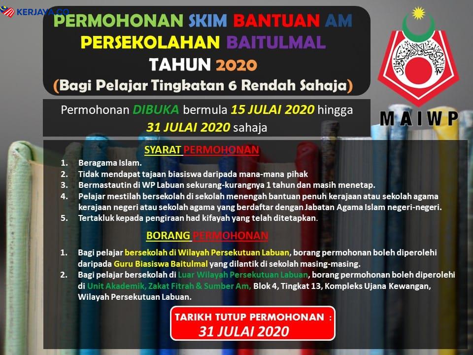 Skim Bantuan Am Persekolahan Baitulmal MAIWP 2020. Mohon Sekarang