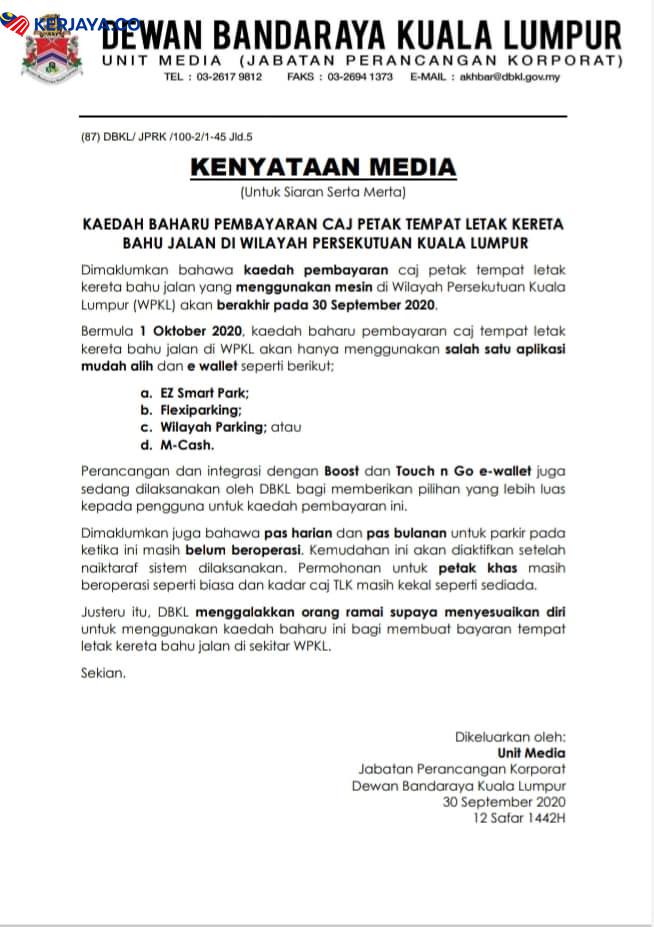 Semua Parking Di Kuala Lumpur Guna E-Wallet Dan Tiada Lagi Penggunaan Duit Syiling