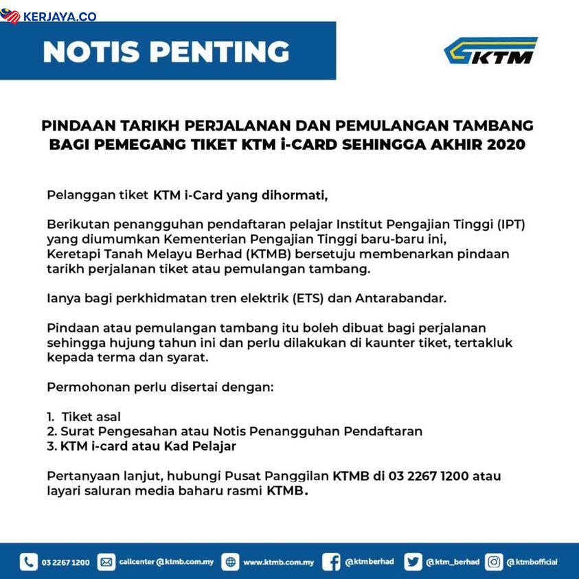 Pindaan Tarikh Perjalanan Dan Pemulangan Tambang Buat Pemegang Tiket i-Card ETS Sehingga Hujung Tahun Ini
