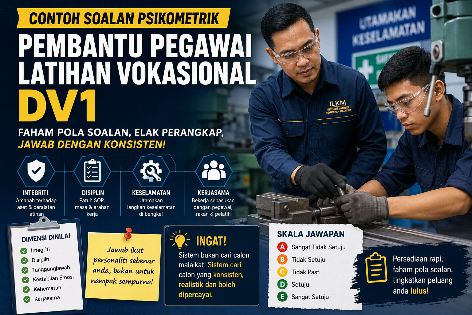 30 Contoh Soalan Psikometrik Pembantu Pegawai Latihan Vokasional DV1 + Pola Jawapan dan Penerangan